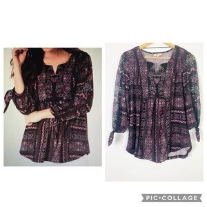 Style & Co. Purple Black Tie Front Blouse Comfy Stylish Flowy Boho Sz S